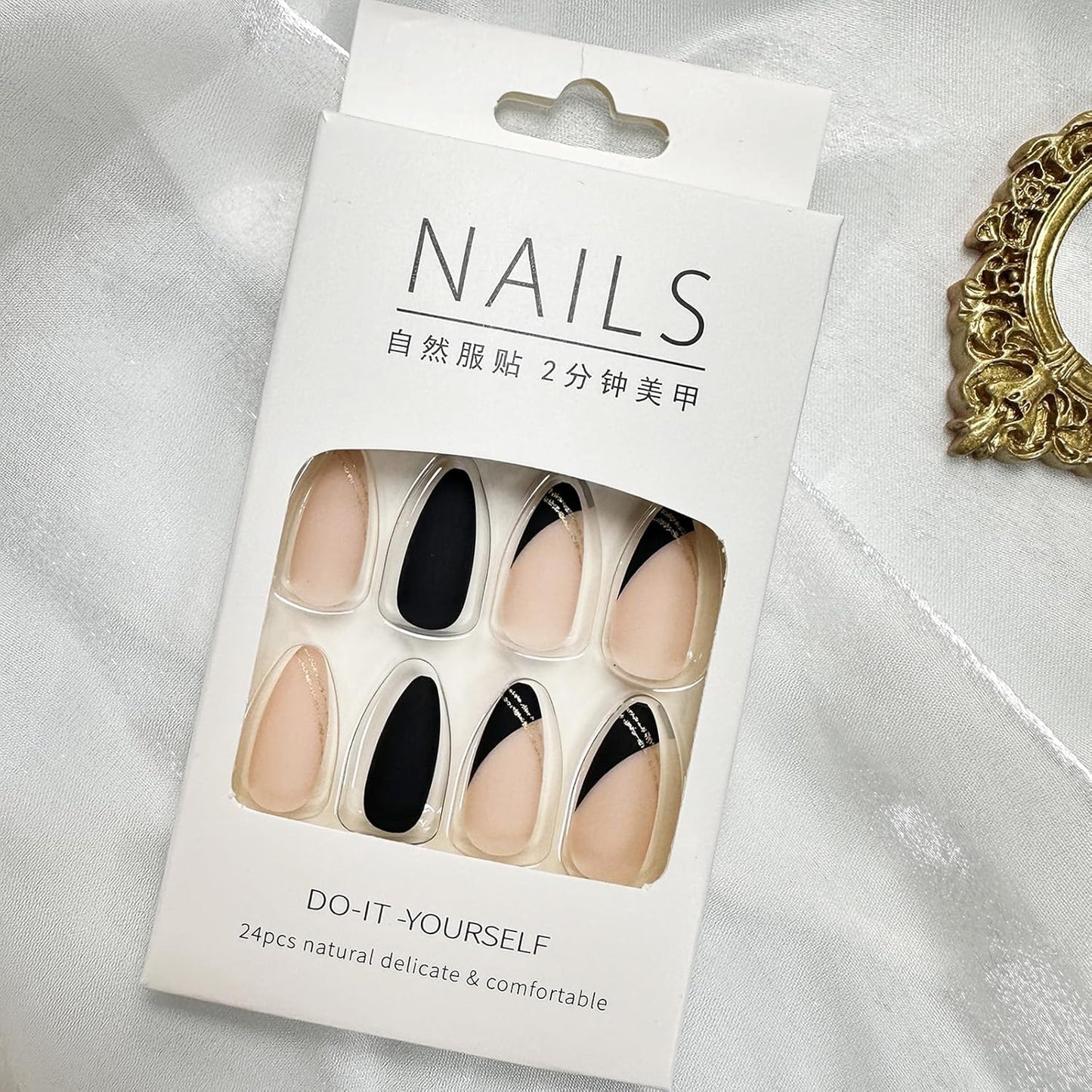 Black Press on Nails Medium Almond Fake Nails Matte False Nails Press Ons with Designs French Tip Acrylic Full Cover Glue on Nails Artificial Stick on Nails for Women Manicure 24 Pcs