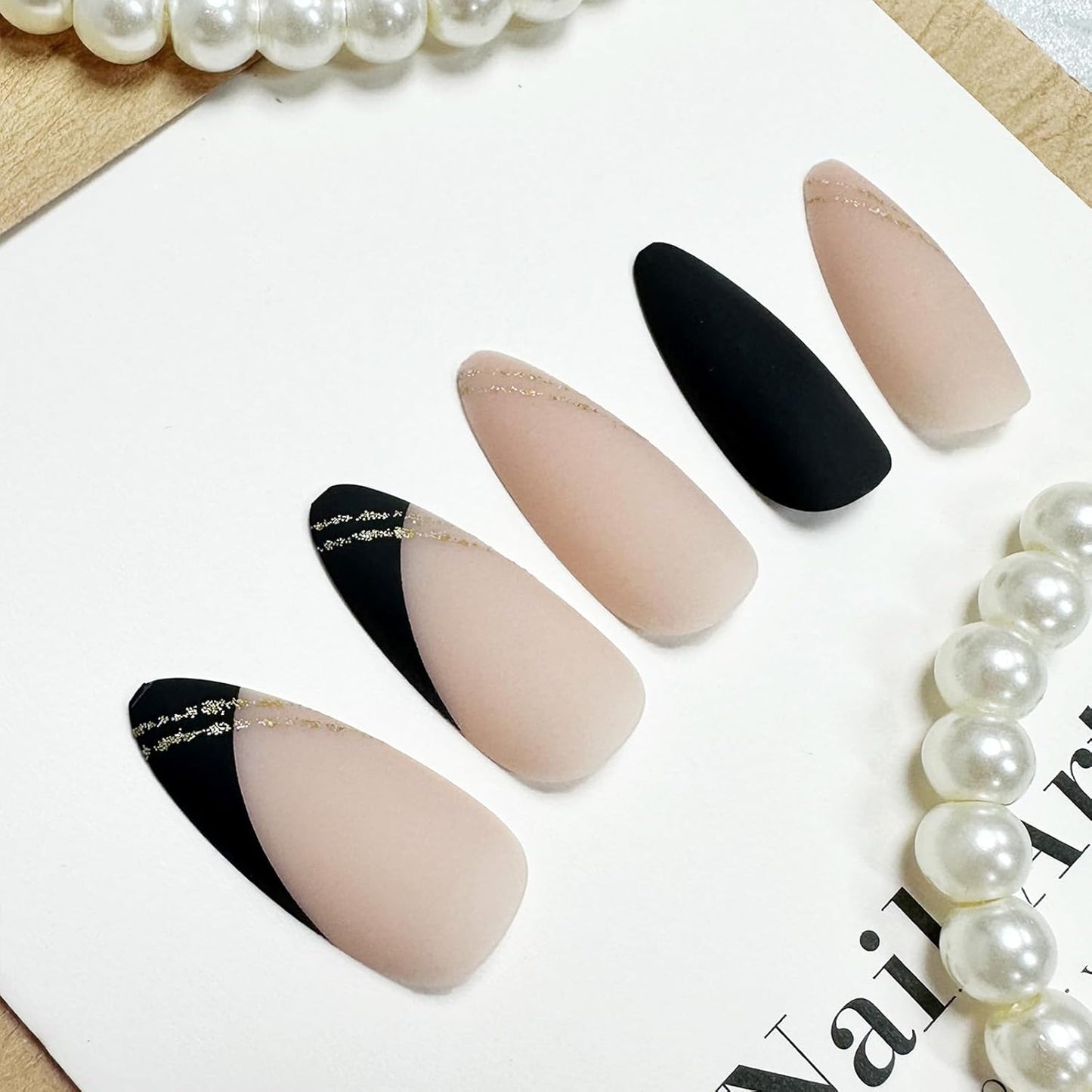 Black Press on Nails Medium Almond Fake Nails Matte False Nails Press Ons with Designs French Tip Acrylic Full Cover Glue on Nails Artificial Stick on Nails for Women Manicure 24 Pcs