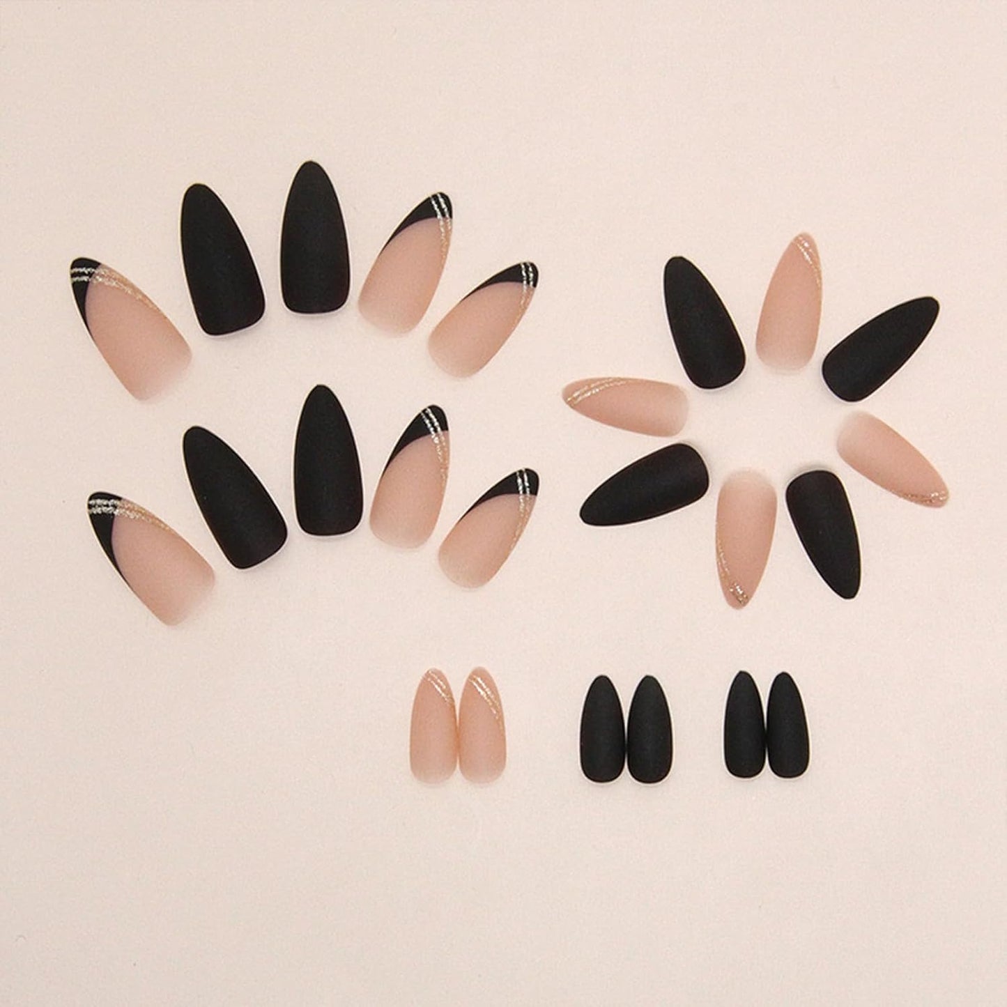 Black Press on Nails Medium Almond Fake Nails Matte False Nails Press Ons with Designs French Tip Acrylic Full Cover Glue on Nails Artificial Stick on Nails for Women Manicure 24 Pcs