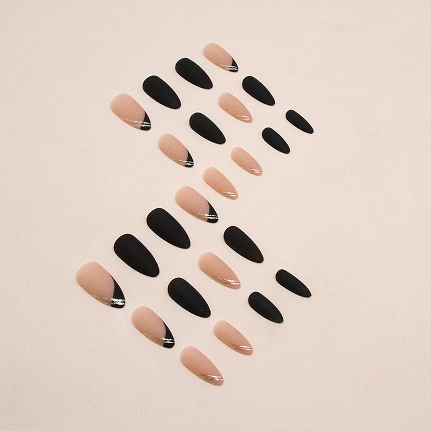 Black Press on Nails Medium Almond Fake Nails Matte False Nails Press Ons with Designs French Tip Acrylic Full Cover Glue on Nails Artificial Stick on Nails for Women Manicure 24 Pcs
