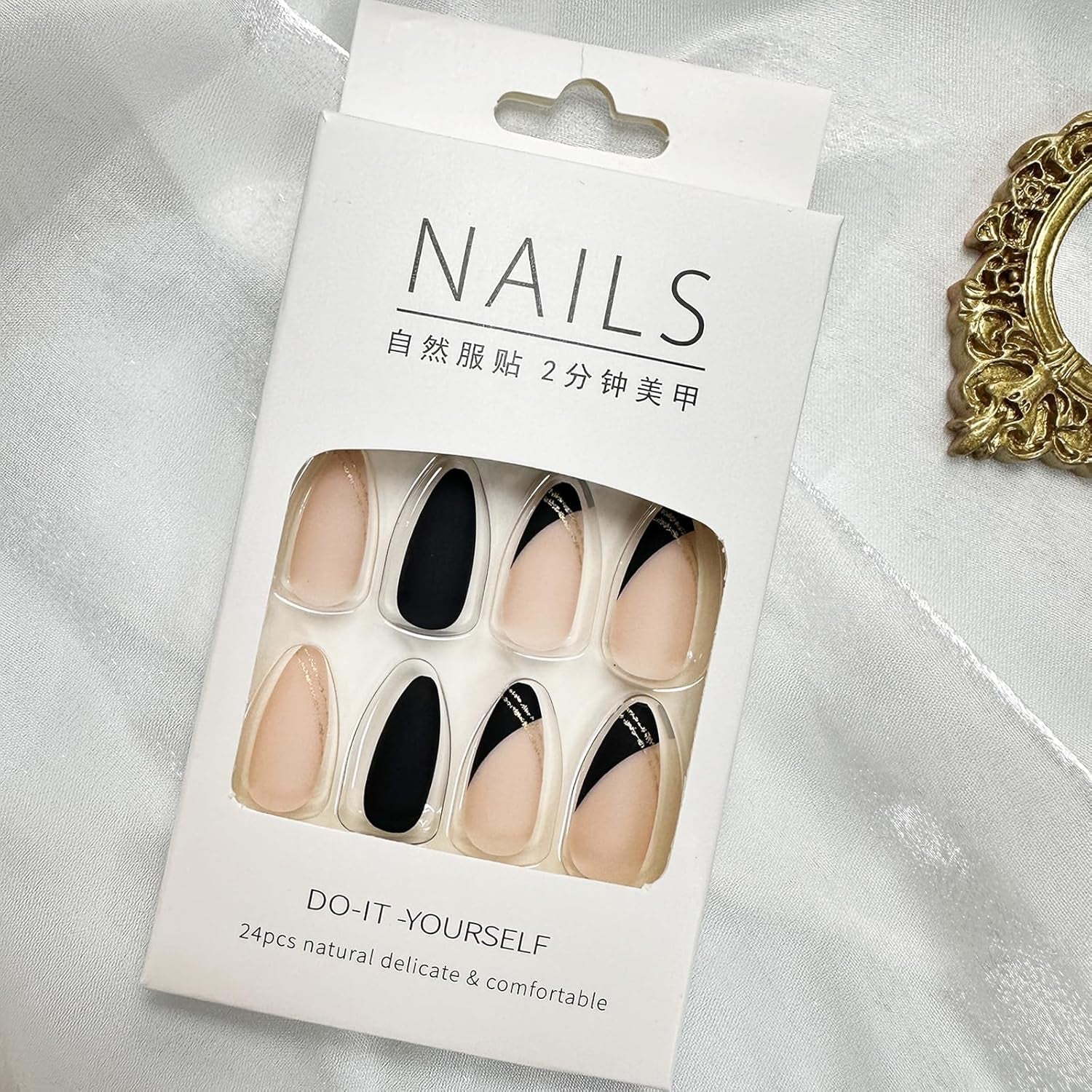 Black Press on Nails Medium Almond Fake Nails Matte False Nails Press Ons with Designs French Tip Acrylic Full Cover Glue on Nails Artificial Stick on Nails for Women Manicure 24 Pcs