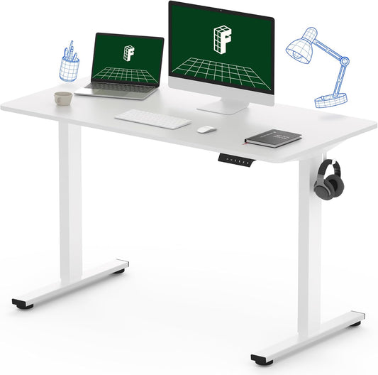 One-Piece Electric Standing Desk, 48 X 24 Inches Adjustable Desk with Seamless Desktop, Memory Controller Height Adjustment (White Frame + White Desktop, One Package)