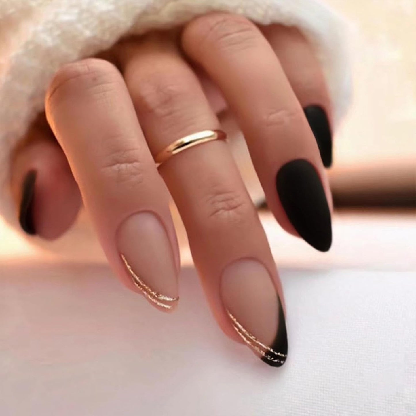 Black Press on Nails Medium Almond Fake Nails Matte False Nails Press Ons with Designs French Tip Acrylic Full Cover Glue on Nails Artificial Stick on Nails for Women Manicure 24 Pcs