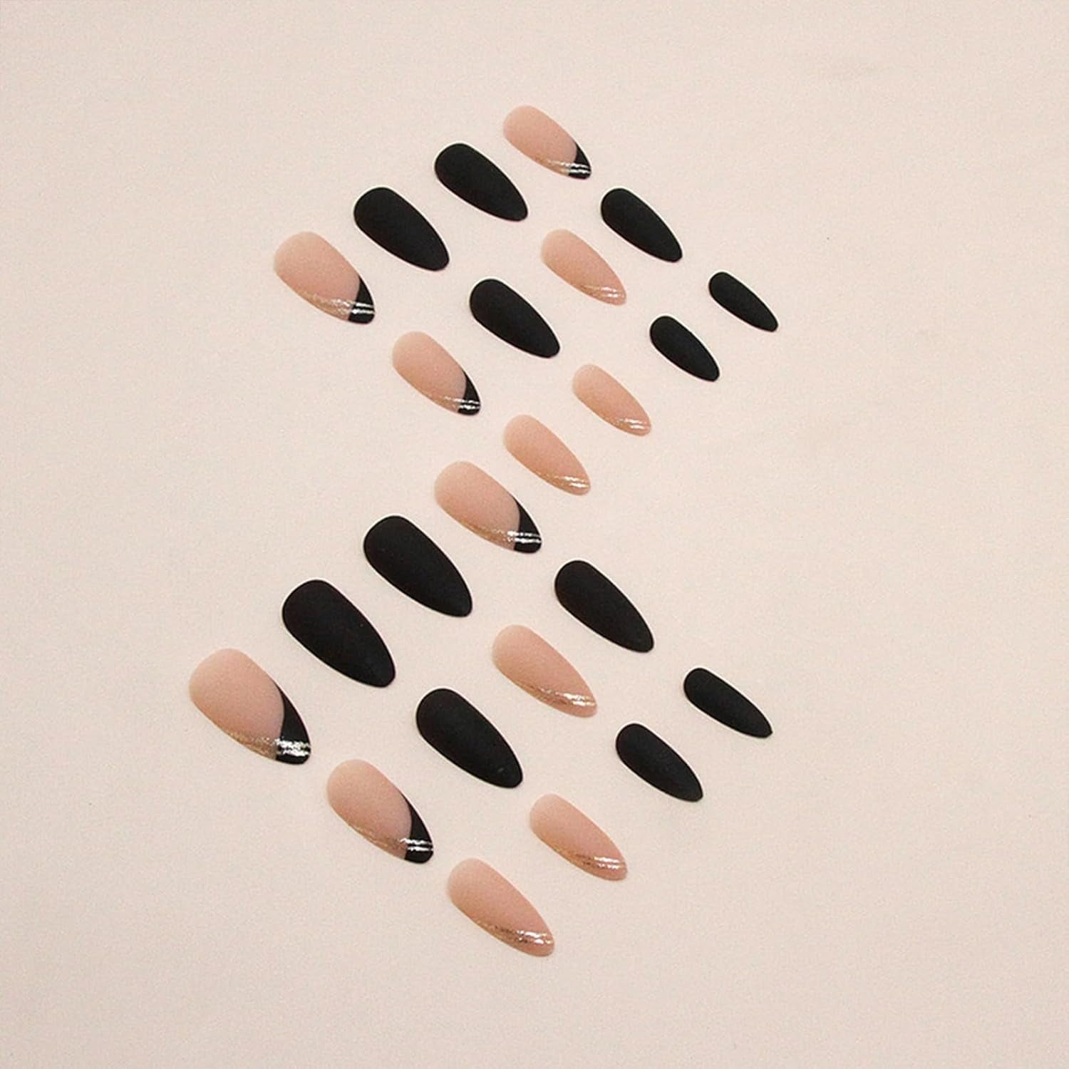 Black Press on Nails Medium Almond Fake Nails Matte False Nails Press Ons with Designs French Tip Acrylic Full Cover Glue on Nails Artificial Stick on Nails for Women Manicure 24 Pcs